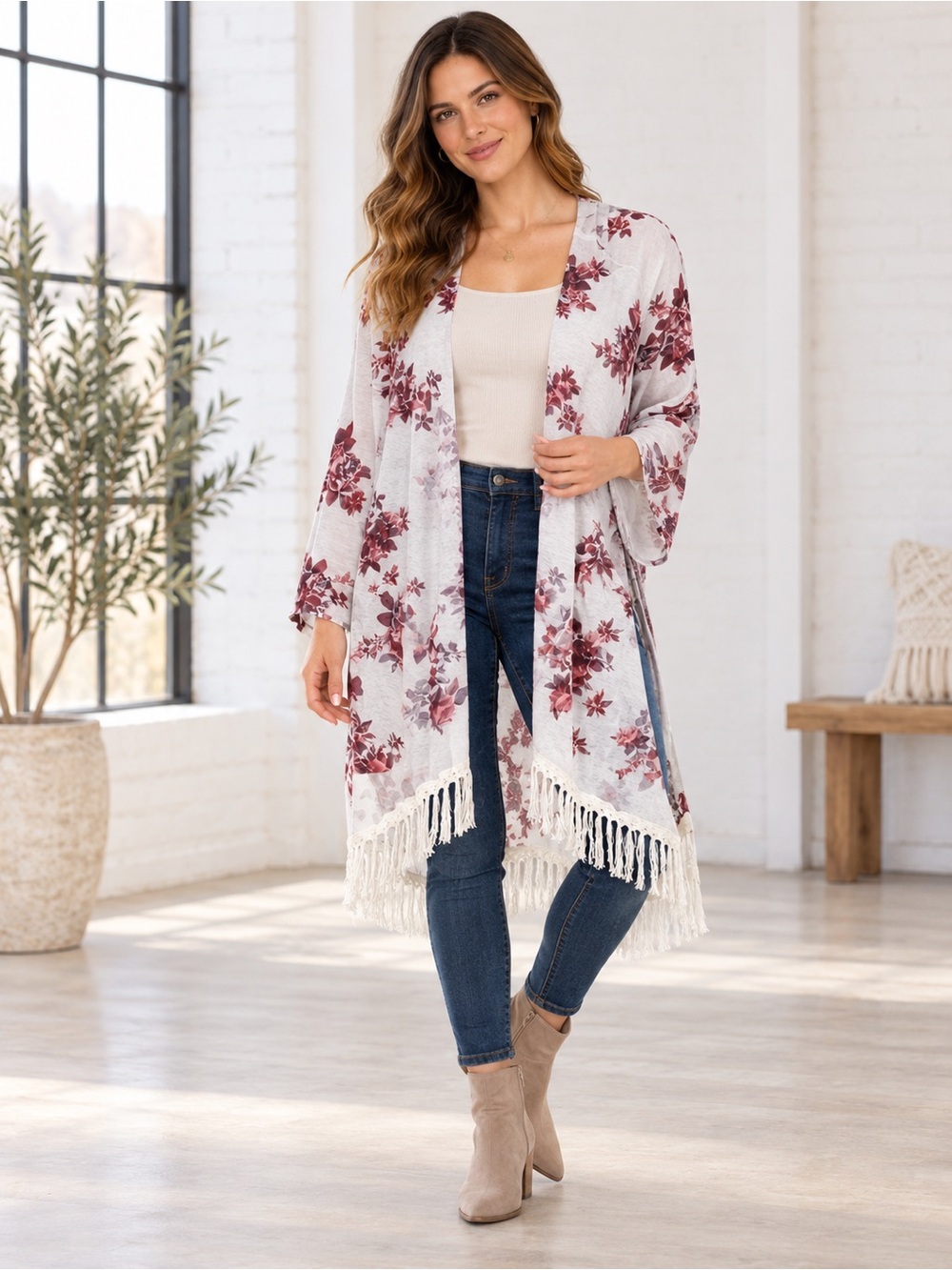 Floral Fringe Boho Kimono